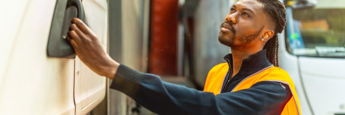 Side view of an African driver opening the door of the truck