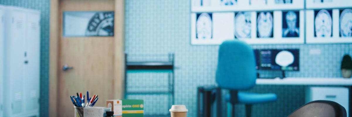 Empty doctor office featuring modern medical equipment and drugs, ready for the next patient consultation. Highlighting advanced diagnostics, healthcare services and patient care management.