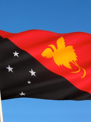 The flag of Papua New Guinea was adopted on July 1, 1971. It depicts the Southern Cross and a Raggiana bird of paradise. The designer of the flag was 15-year-old schoolgirl, Susan Huhume, who won a nationwide competition for a new flag design.