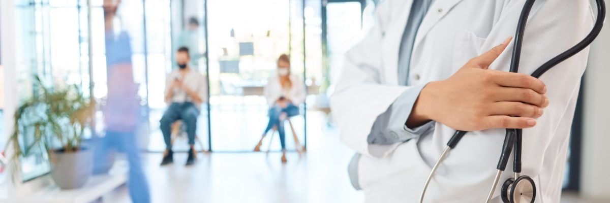 Medical healthcare doctor, woman worker or employee arms crossed confident with stethoscope in busy.
