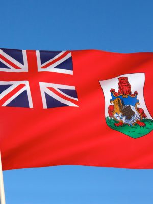 The Flag of Bermuda was adopted in October 1910. It is a British Red Ensign with the Union Flag in the upper left corner, and the coat of arms of Bermuda in the lower right. The flag is unusual for a British overseas territory in that it is used on land in a red ensign form.